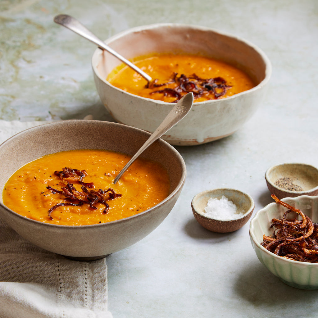 Carrot and Ginger Soup with Crispy Onions