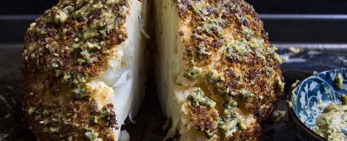 Whole Baked Cauliflower with Mustard and Pesto