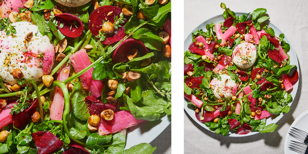 Recipe for Burrata Salad with Pickled Beetroot & Poached Rhubarb