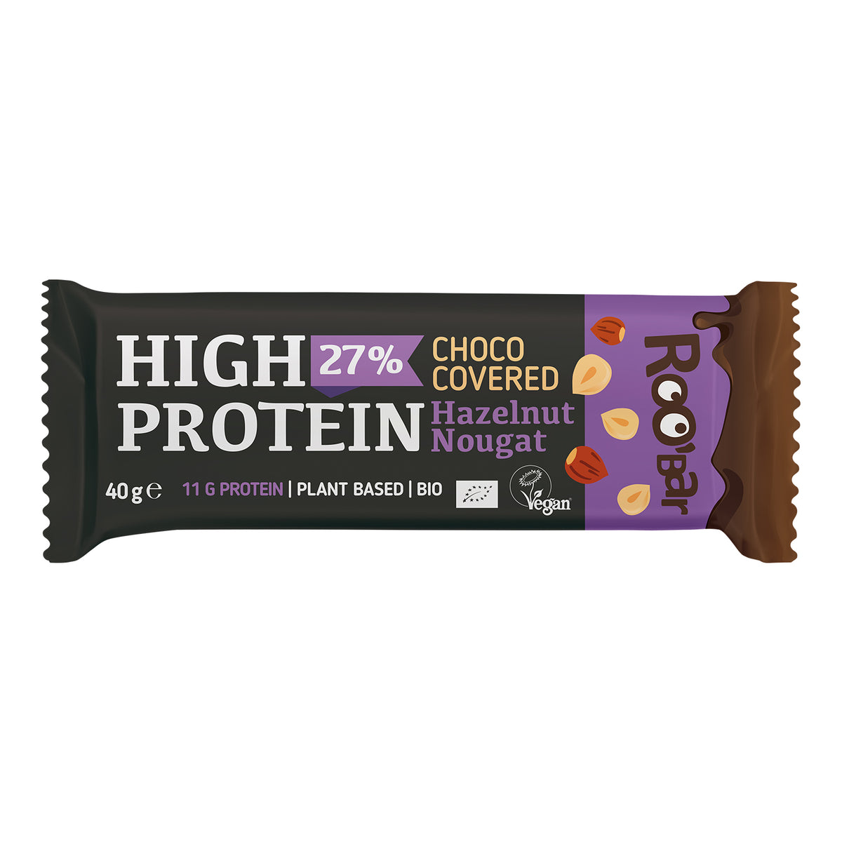 Roobar High Protein Chocolate Covered Bar with Hazelnut Nougat 40g ...