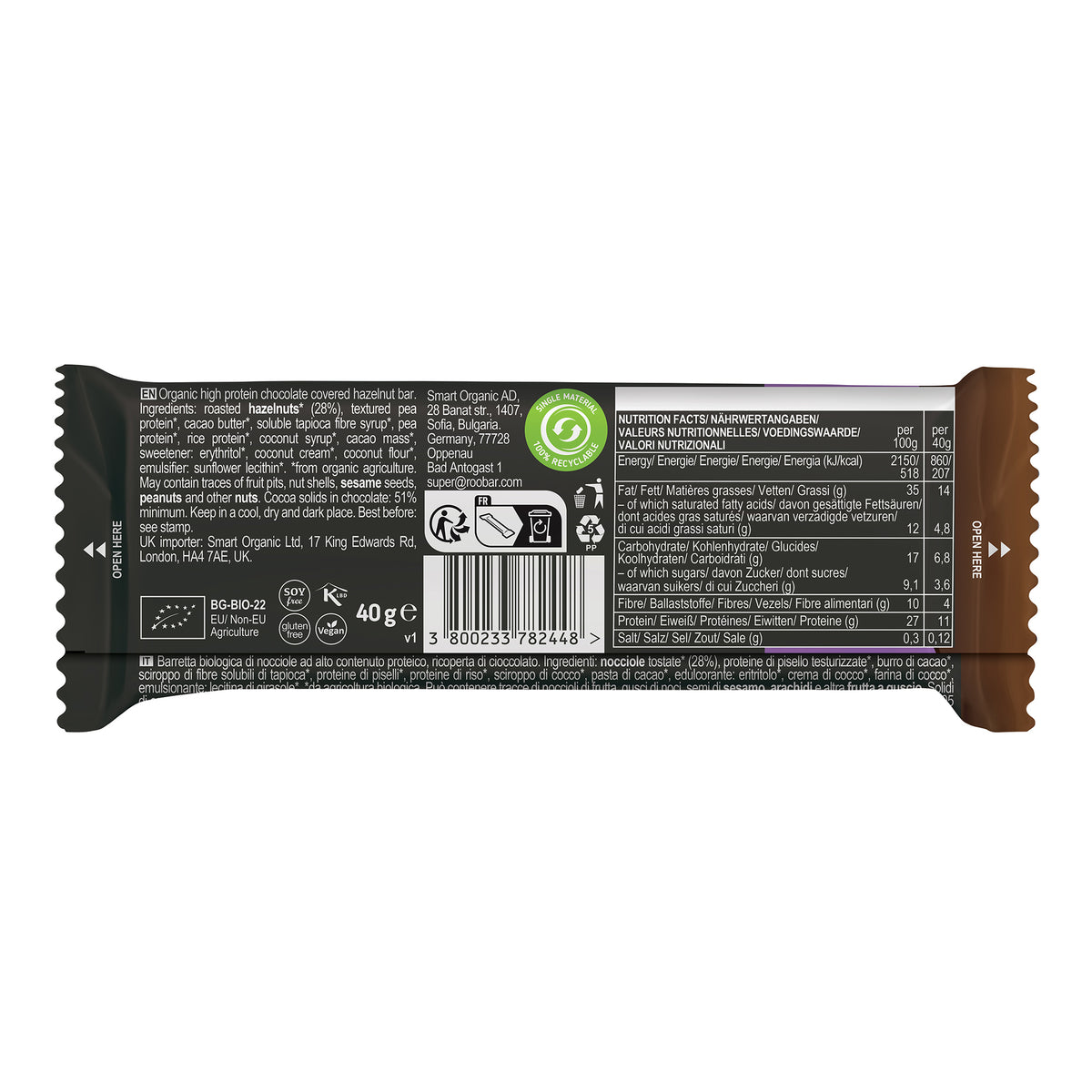 Roobar High Protein Chocolate Covered Bar with Hazelnut Nougat 40g ...