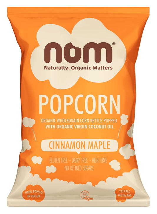 nom organic cinnamon maple popcorn 25g