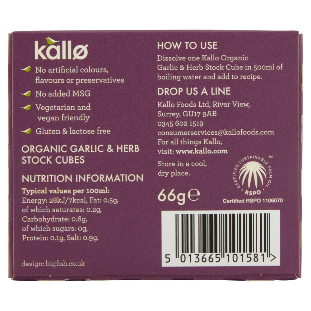 Kallo Organic Garlic & Herb Stock Cubes 66g
