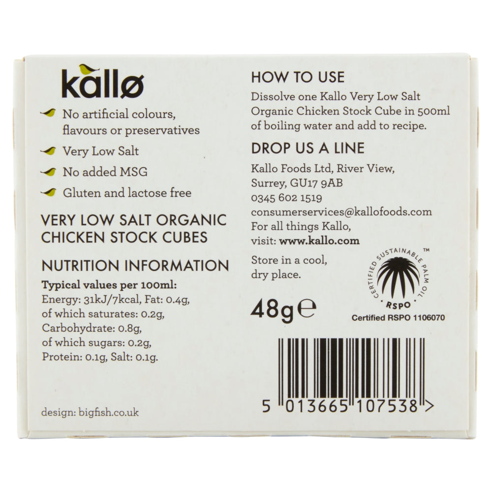 Kallo Organic Very Low Salt Chicken Stock Cubes 51g