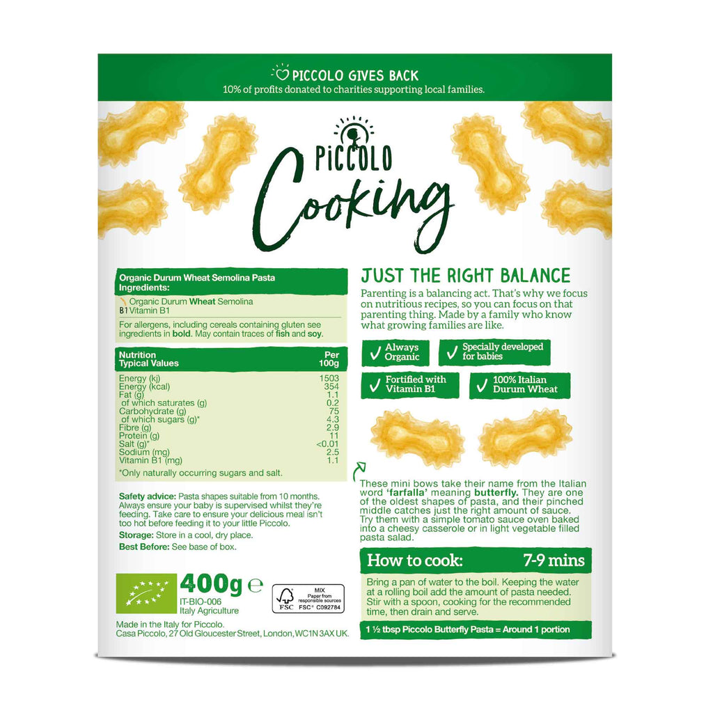 Piccolo Cooking Baby Pasta Butterflies (7+ Months) 400g